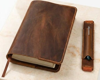 Personalized Full Grain Leather Bible Cover with Pen Holder, Custom Engraved Christian Gift