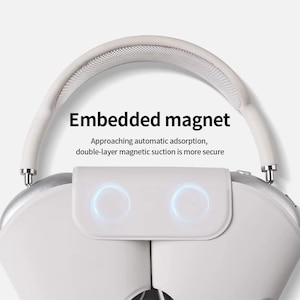 May include: White over-ear headphones with a padded headband and silver accents. The headphones feature a white magnetic cover with two glowing blue circles. Text on the image reads "Embedded magnet" and "Approaching automatic adsorption, double-layer magnetic suction is more secure."