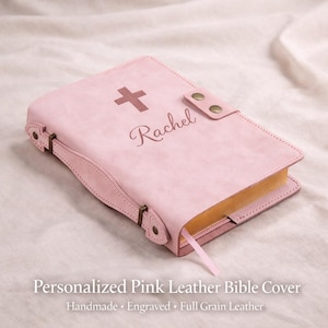 Personalized Pink Leather Bible Cover for Women, KJV Bible Case with Handle, Custom Engraved Christian Gift, Handmade & Hand Stitched