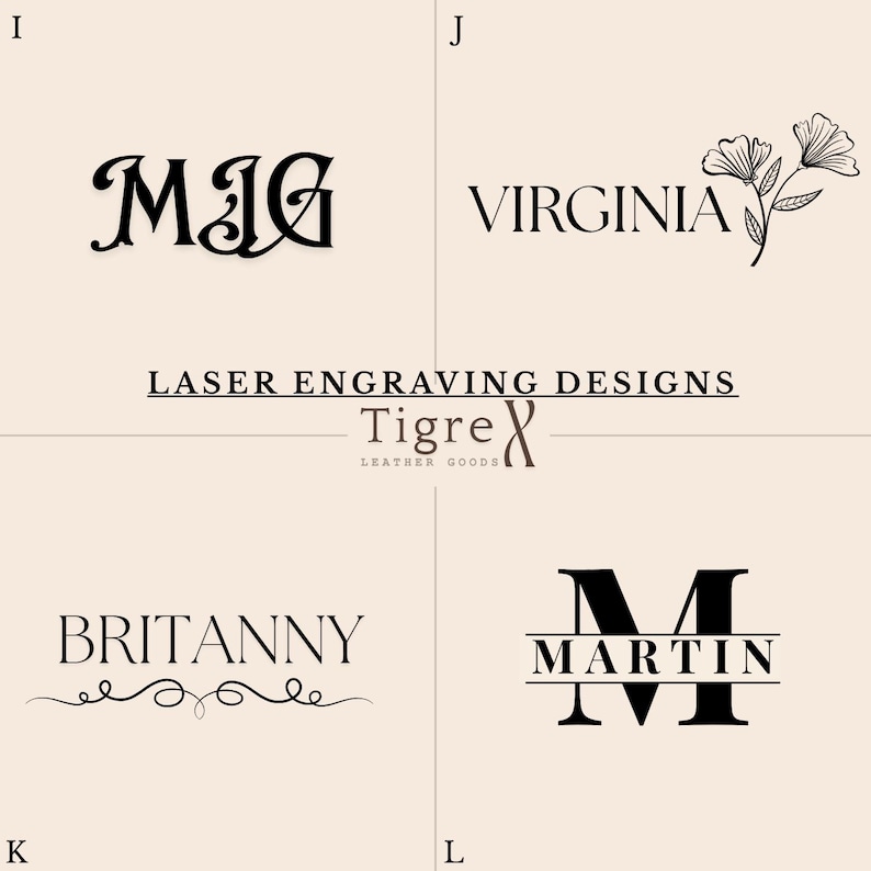 Pode incluir: Um fundo bege exibe designs de grava&ccedil;&atilde;o a laser. Os designs incluem iniciais, nomes e um sobrenome com um elemento floral decorativo. O texto "LASER ENGRAVING DESIGNS" e "Tigre Leather Goods" tamb&eacute;m s&atilde;o vis&iacute;veis.