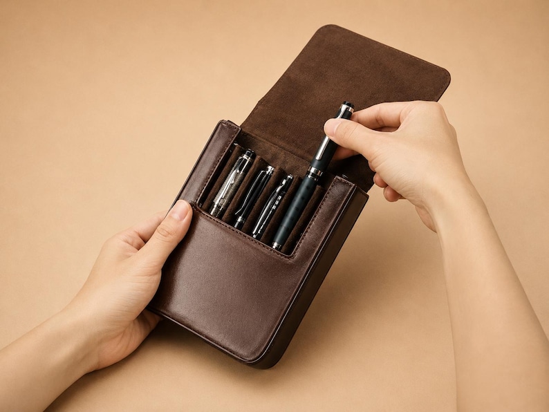 Pode incluir: Um estojo de caneta de couro marrom, aberto para revelar v&aacute;rias canetas. Uma m&atilde;o est&aacute; removendo uma caneta do estojo. O estojo &eacute; retangular com fecho de aba. As canetas s&atilde;o prateadas e pretas.