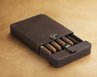 Personalized Leather Cigar Case for 3 or 6 Cigars, Genuine Leather Travel Cigar Holder, Vintage Cigar Gift for Men, Engraved