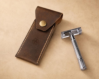 Personalized Leather Razor Case | Handmade Full Grain Razor Cover | Travel Razor Holder for Merkur Gillette Parker | Shaving Gift for Men