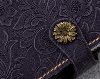 Personalized Black Leather Bible Cover, Floral Hand-Stitched KJV Case