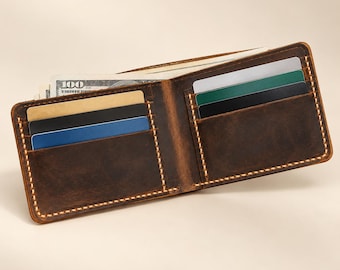 Men's Bifold Wallet: Personalized Full-Grain Leather, Hand-Stitched Distressed