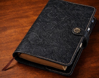 Personalized Black Floral Leather Bible Cover, Custom Name Engraved Bible Case, Pastor Gift, Christian Gift for Men & Women, Hand Stitched