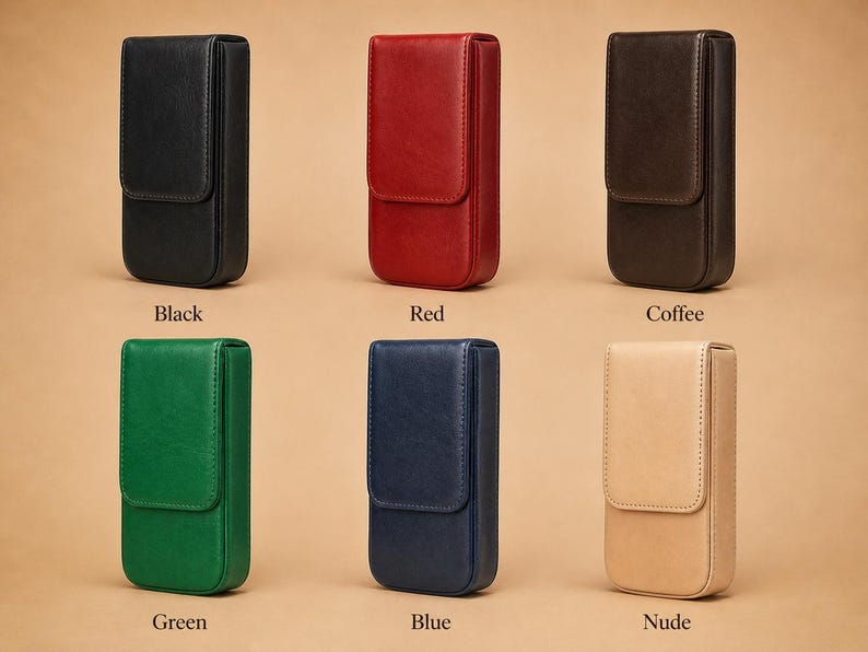 Pode incluir: Uma cole&ccedil;&atilde;o de estojos de couro em v&aacute;rias cores: preto, vermelho, caf&eacute;, verde, azul e nude. Cada estojo tem formato retangular com fecho de aba. O texto indica a cor de cada estojo.