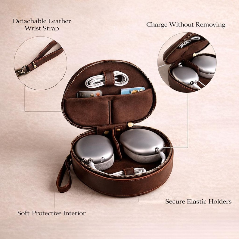 May include: A brown leather headphone case with a detachable wrist strap. The case is open, showing two silver headphones, white charging cables, and small pockets. The case has a soft protective interior and secure elastic holders.