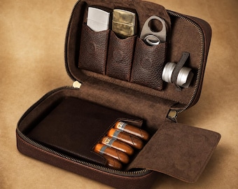 Personalized Leather Cigar Travel Case, Full Grain Leather 5 Cigar Humidor, Custom Engraved Cigar Organizer Gift for Men