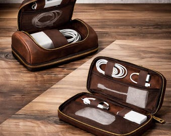 Personalized Leather Tech Organizer, Travel Cable Case, Groomsmen Gift, Gift for Him, EDC Pouch, Cord Organizer Bag
