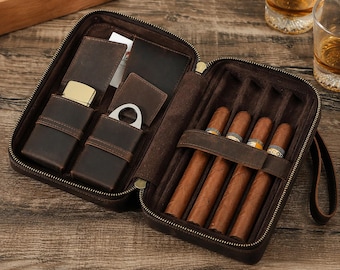 Personalized Leather Cigar Travel Case for 4 Cigars, Lighter & Cutter Pocket, Humidor Pouch, Luxury Gift for Men