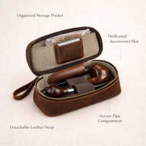 May include: Open brown leather pipe case with a zipper, handle, and multiple compartments. The case includes a secure pipe compartment, an organized storage pocket, and a dedicated accessories slot. The case contains a pipe, tobacco, and a small accessory.