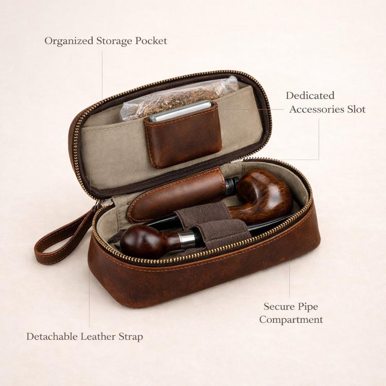 May include: Open brown leather pipe case with a zipper, handle, and multiple compartments. The case includes a secure pipe compartment, an organized storage pocket, and a dedicated accessories slot. The case contains a pipe, tobacco, and a small accessory.
