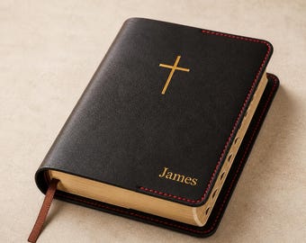 Personalized Black Leather Bible Cover, Custom Bible Name Engraved, Hand Stitched Bible Case, Christian Gift for Men, Pastor Gift