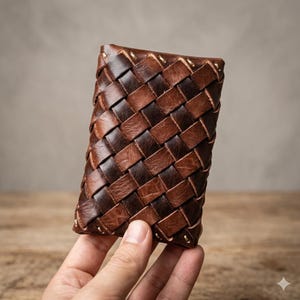 May include: A handcrafted, woven leather wallet in shades of brown. The wallet features a basket-weave design with visible stitching along the edges. The wallet is held in a hand, showcasing its texture and craftsmanship. A stylish accessory for everyday use.
