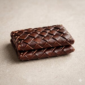 May include: A dark brown leather wallet with a woven design. The wallet is rectangular and appears to be folded in half. Small brass rivets are visible on the corners. The leather has a rich, textured appearance.