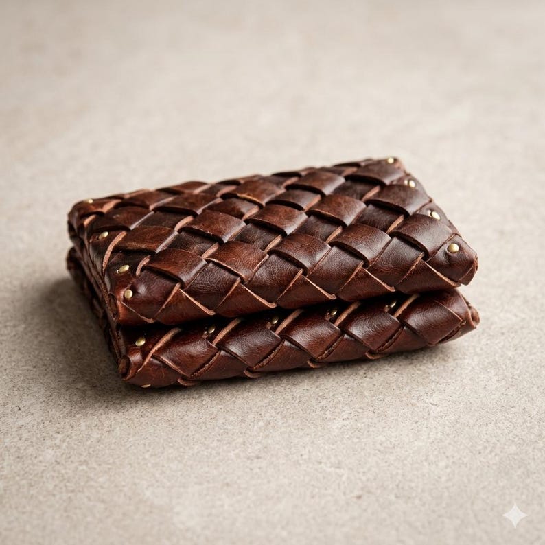 May include: A dark brown leather wallet with a woven design. The wallet is rectangular and appears to be folded in half. Small brass rivets are visible on the corners. The leather has a rich, textured appearance.