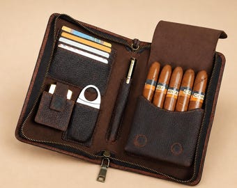Personalized Leather Cigar Case Travel Humidor Pouch, Holds 5 Cigars, Lighter & Cutter Pocket, Luxury Gift for Men