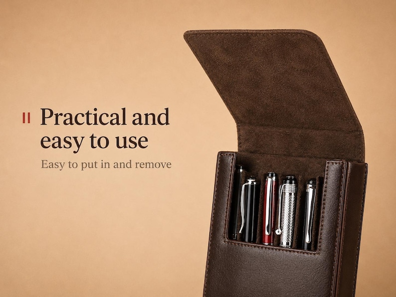 Pode incluir: Um estojo de caneta de couro marrom com aba, contendo v&aacute;rias canetas de v&aacute;rias cores e designs. O texto "Practical and easy to use" &eacute; exibido &agrave; esquerda. O estojo foi projetado para f&aacute;cil inser&ccedil;&atilde;o e remo&ccedil;&atilde;o de canetas.