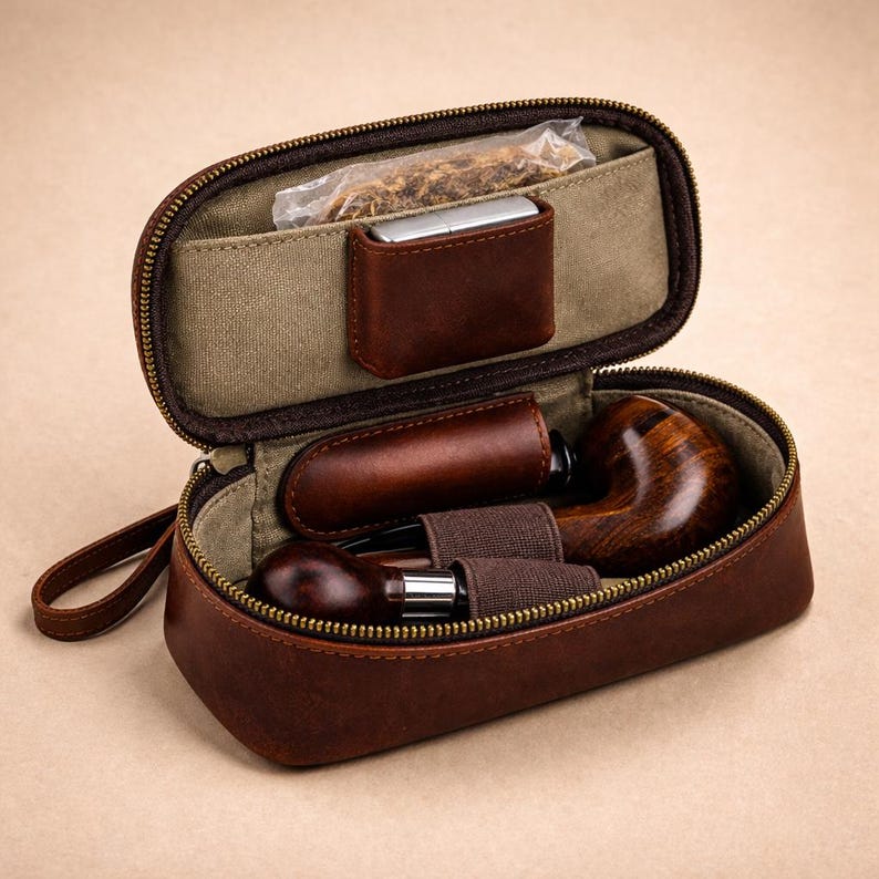 May include: A brown leather pipe case with a zipper, containing a pipe, tobacco, and a lighter. The case has a canvas lining and a small leather pocket. The pipe is made of wood and metal.