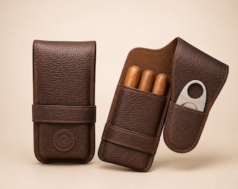 Leather Cigar Case with Cutter Slot – Personalized 3 Cigar Travel Holder, Full Grain Leather Humidor Gift for Him