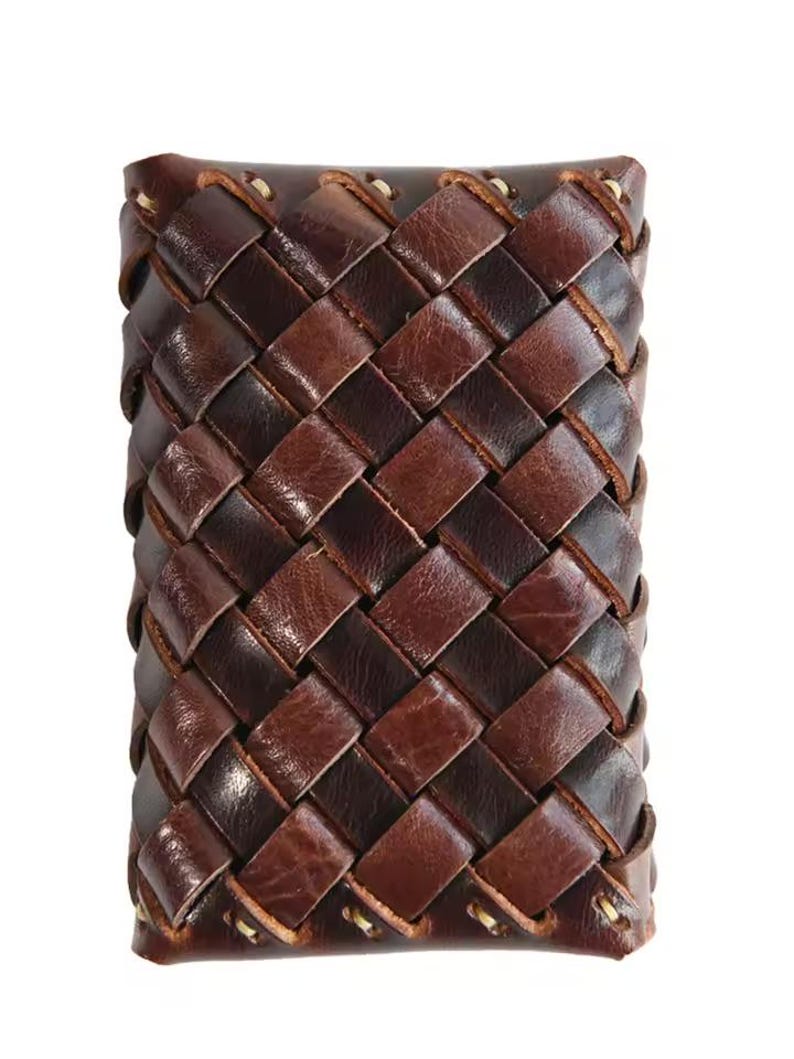 Vintage handwoven leather mini wallet, perfect men’s gift in genuine cowhide
