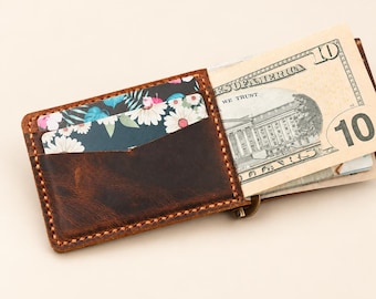 Personalized Full-Grain Leather Money Clip Wallet, Slim Front Pocket Card Holder for Men