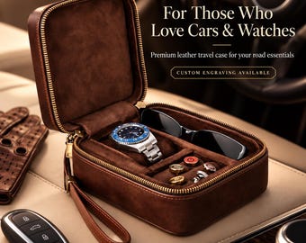 Ferrari engraved Leather Watch Travel Case for Car Enthusiasts, Custom Engraved 2-Slot Organizer