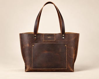 Personalized XL Leather Tote Bag for Women, Full Grain Work & Laptop Bag, Brown Shoulder Tote