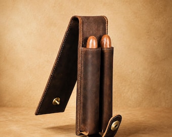 Personalized Leather Cigar Case with 2 Cigar Tubes, Crazy Horse Travel Humidor, Custom Engraved Cigar Holder Gift for Men