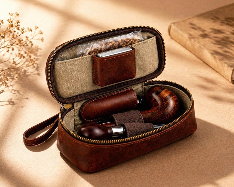 May include: Open brown leather pipe case with a zipper, containing a tobacco pipe, tobacco, and accessories. The case has a handle and a light-colored interior. The pipe is a dark brown color.