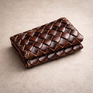 May include: A brown leather wallet with a woven design. The wallet is rectangular and folded, with a textured surface. Small gold rivets are visible on the edges. The wallet is made of a dark brown leather.