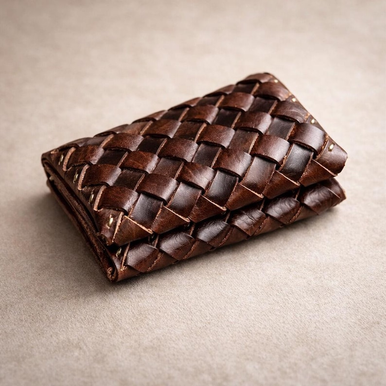 May include: A brown leather wallet with a woven design. The wallet is rectangular and folded, with a textured surface. Small gold rivets are visible on the edges. The wallet is made of a dark brown leather.