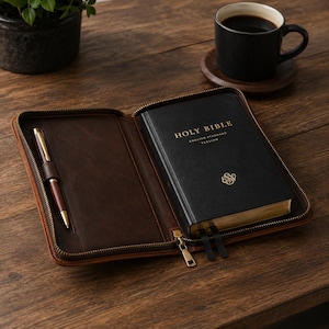 May include: Open brown leather Bible cover with a gold zipper, holding a black Holy Bible with gold lettering. A brown and gold pen rests inside the cover. A cup of coffee sits on a wooden coaster in the background.