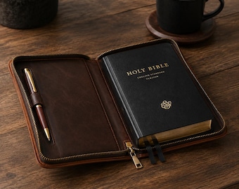 Personalized Leather Bible Cover with Zipper | Custom Engraved Bible Case | Full Grain Crazy Horse Leather Bible Organizer