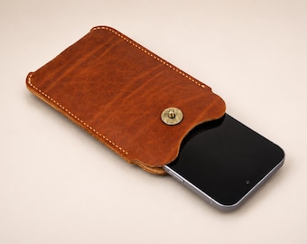 Personalized Full Grain Leather Phone Sleeve – Belt Holster Handmade, Custom Fit