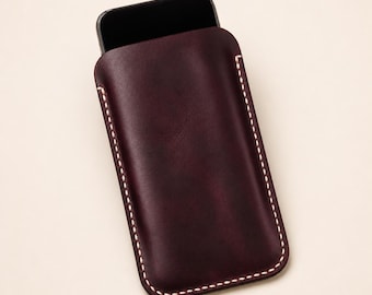 Personalized Full Grain Leather Phone Sleeve – Handmade, Custom Fit