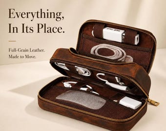 Personalized Leather Tech Organizer, Travel Cable Case, Groomsmen Gift, Gift for Him, EDC Pouch, Cord Organizer Bag