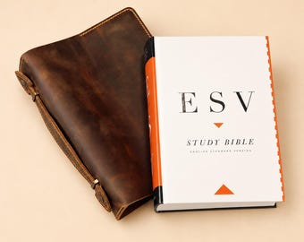 Personalized ESV Study Bible Leather Cover, Full Grain Bible Case with Handle, Custom Name Engraved Christian Gift for Men & Women