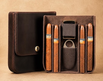 Personalized Leather Cigar Case for 4 Cigars, Travel Humidor with Lighter & Cutter Pocket, Genuine Leather Cigar Holder Gift for Men