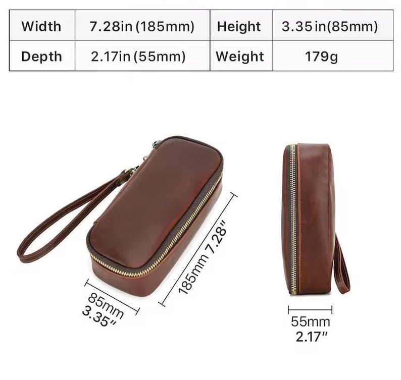 May include: A brown leather clutch with a gold zipper and wrist strap. The clutch is rectangular, measuring 7.28 inches (185mm) wide, 3.35 inches (85mm) high, and 2.17 inches (55mm) deep. The weight is 179g.