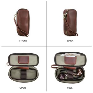 May include: A brown leather pipe case with a zipper closure and wrist strap. The case is shown closed and open, revealing a pipe, tobacco, and accessories. The interior is lined with a light green fabric.