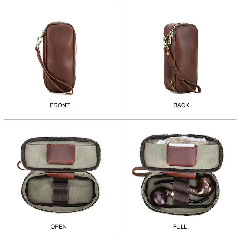 May include: A brown leather pipe case with a zipper closure and wrist strap. The case is shown closed and open, revealing a pipe, tobacco, and accessories. The interior is lined with a light green fabric.