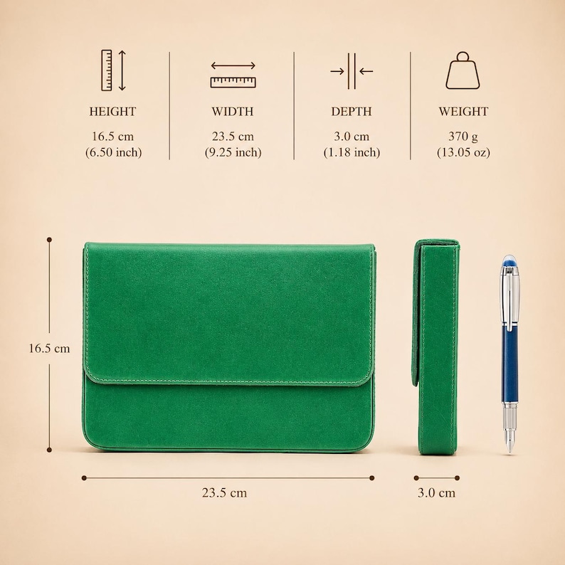 Pode incluir: Um estojo retangular verde com fecho de aba, com 16,5 cm de altura e 23,5 cm de largura. Uma caneta e um estojo para caneta a condizer tamb&eacute;m s&atilde;o mostrados. O estojo tem 3,0 cm de profundidade e pesa 370 g.