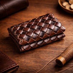 May include: A brown leather wallet with a woven design. The wallet is rectangular and appears to be folded. The leather has a rich, dark brown color. Small gold-colored rivets are visible on the edges. The wallet is on a wooden surface.