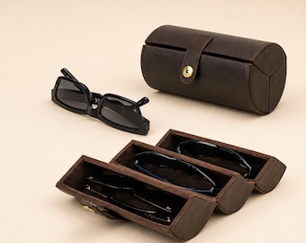 Leather Sunglasses Travel Case – 3 Slot Eyewear Organizer, Vintage Glasses Storage Tube, Personalized Gift for Him & Her