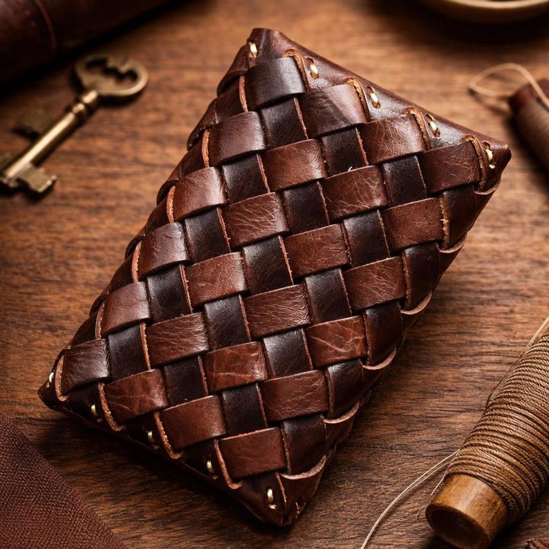 May include: A handcrafted leather wallet with a woven design. The wallet is made of brown and dark brown leather strips, creating a textured pattern. Small gold rivets secure the edges. The wallet is on a wooden surface.