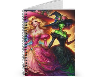 Cuaderno espiral de Glinda y Elphaba: líneas rayadas, ideal para fans de Wicked, regalo de papelería, diario para escribir hechizos, ilustraciones mágicas.