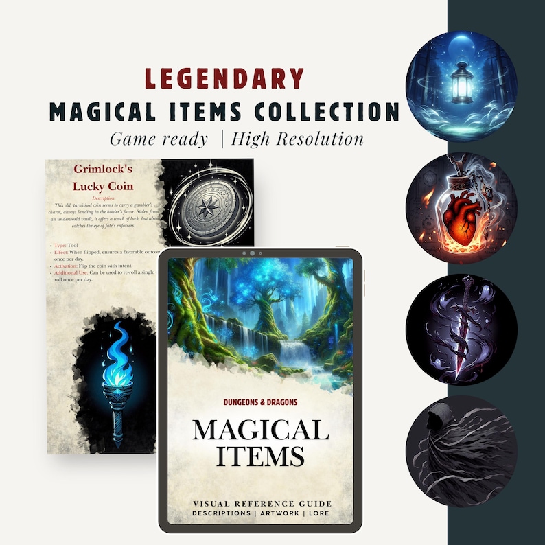 May include: A visual reference guide for Dungeons & Dragons magical items. The cover features a fantasy forest scene with a waterfall and a large tree. The title "Magical Items" is displayed in a bold, white font. The guide includes descriptions, artwork, and lore.