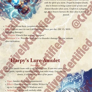 May include: A pair of silver bracers with blue lightning bolts etched into them. The bracers are described as being able to cast a spell called "Call Lightning" once per day. The bracers also provide resistance to thunder damage for one minute after activation.